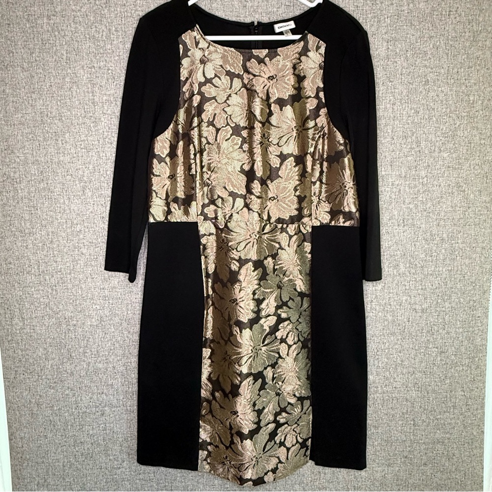 DKNYC Black Gold Floral Panel Long Sleeve Stretch Dress‎ Size 12 Holiday Party